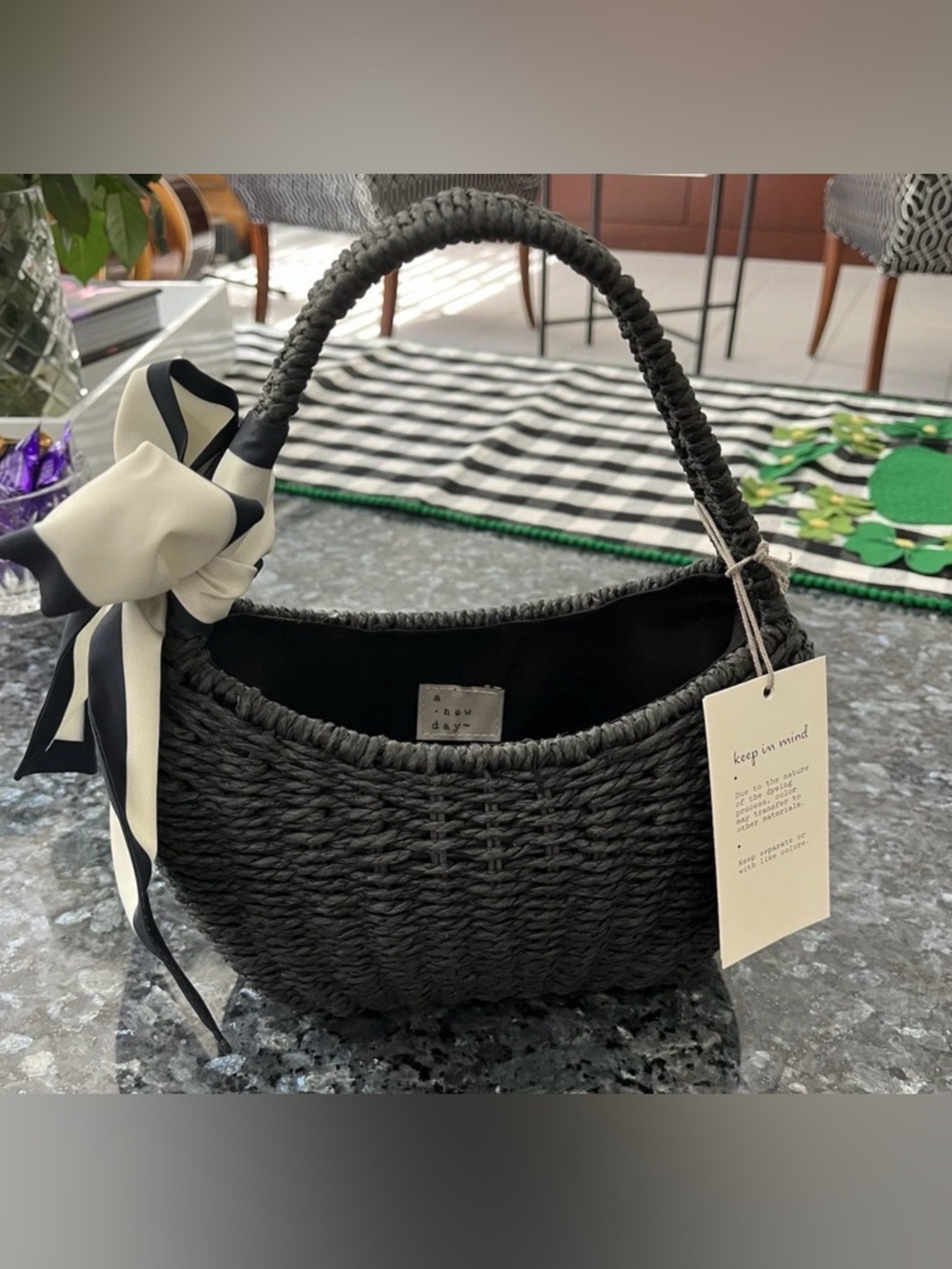A New Day Black Woven Mini Bag Bow Detail Top Handle Purse NWT in bag - Picture 2 of 11